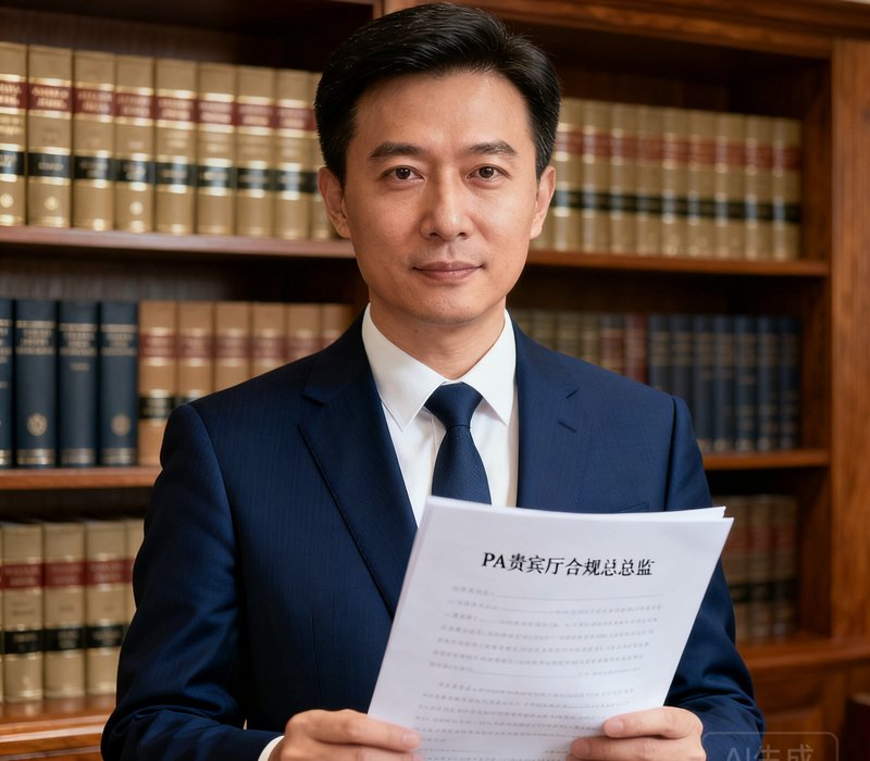 PA贵宾厅合规总监王律师的形象照，他穿着深蓝色西装，手持一份合规文件，背景是律师事务所的书架，体现严谨的法律专业背景